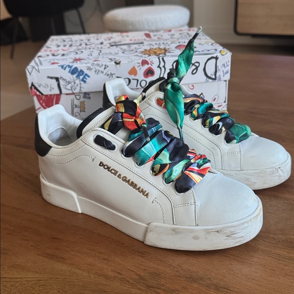 Dolce & Gabbana White Sneakers with Multicolor Laces